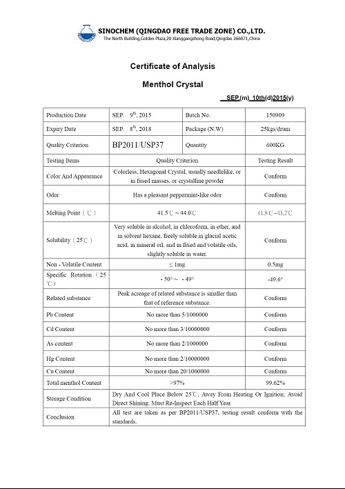 High Quality Menthol Crystal Bp/USP Standard