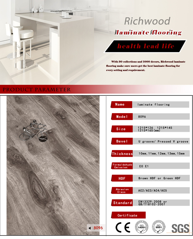 12.3mm E1 HDF AC3 Water Resistant Laminate Vinyl Wood Parquet Laminated Floor