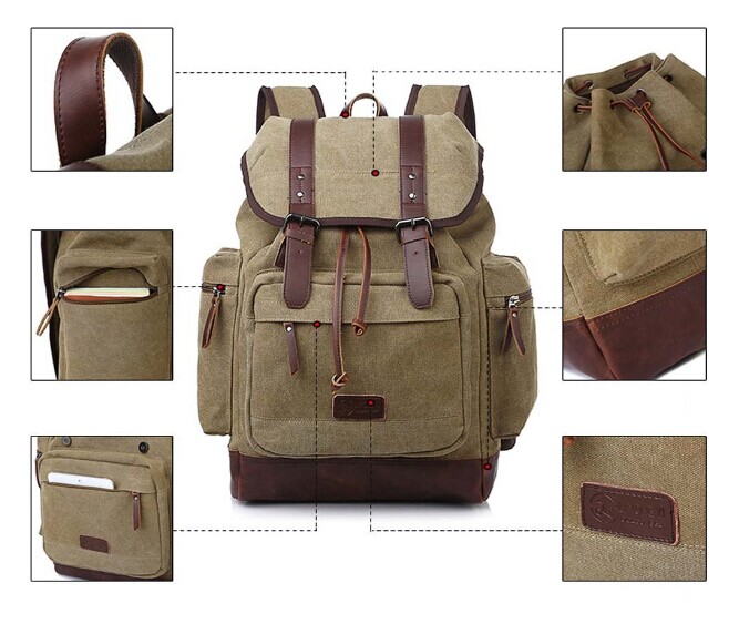 Vintage Canvas Backpack Rucksack Bookbag Satchel Hiking Bag (Khaki)