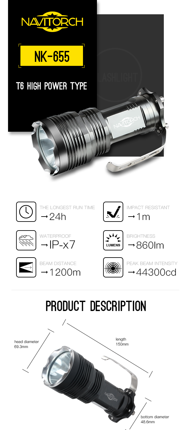 Rechargeable Aluminium Alloy Waterproof IP-X7 Portable Lamp (NK-655)