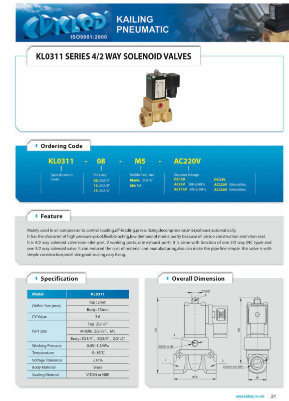 Kl0311 Series 4 Way Air Control Solenoid Valve 24V