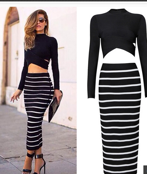Women's Maxi Long Sleeve Two Piece Pencil Skirt Stripe Dress