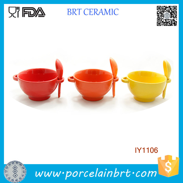 Wholesale Solid Color with a Spoon Ceramic Soup Bowl