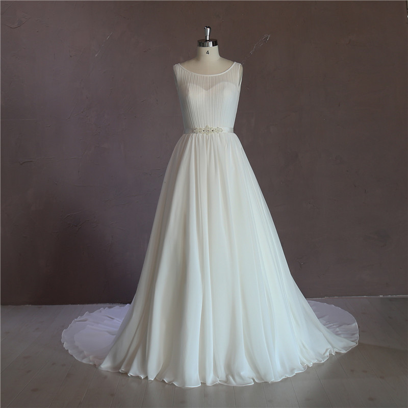 Round Neck with Beading Belt Long Train Chiffon Wedding Dress