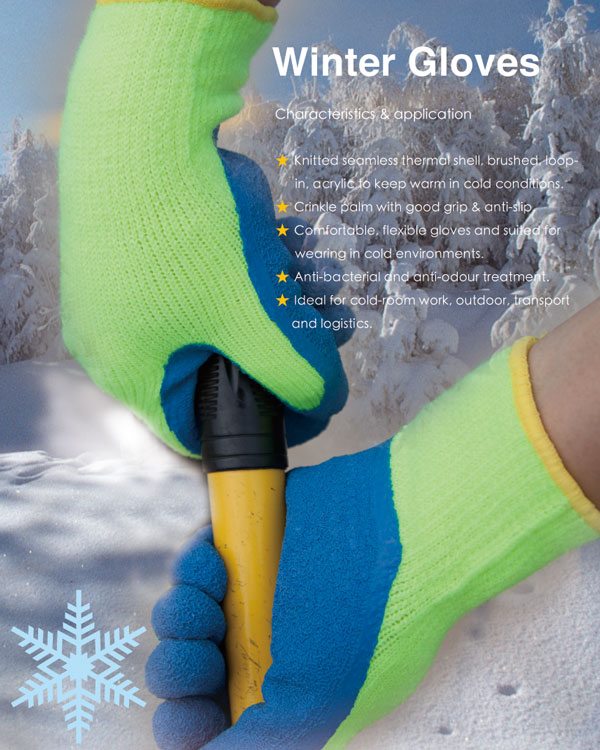 Winter Gloves, 7g Acrylic Shell Napping Lining Latex Coated Gloves (W1101) Crinkle Finish with CE, En420, En388, En511 Certificate.