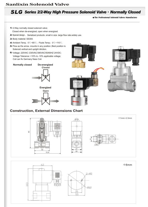 Solenoid Valve -- Slg High Pressure Brass or Stainless Steel Magnetventil