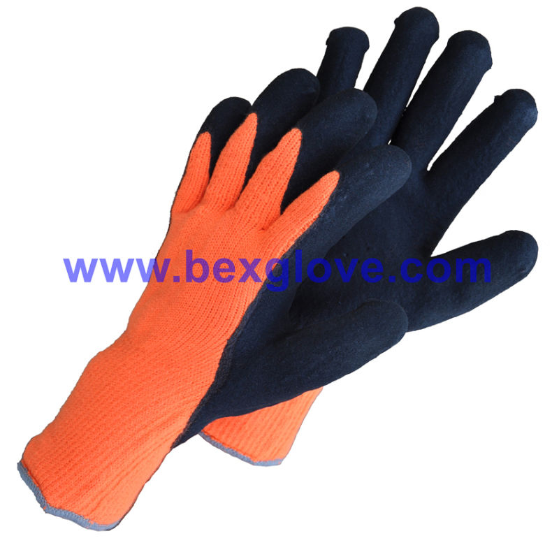 7 Gauge Acrylic Liner, Extra Thick Terry Knitted & Brushed, Latex Coating, Full Thumb Coating, Sandy Finish Safety Gloves