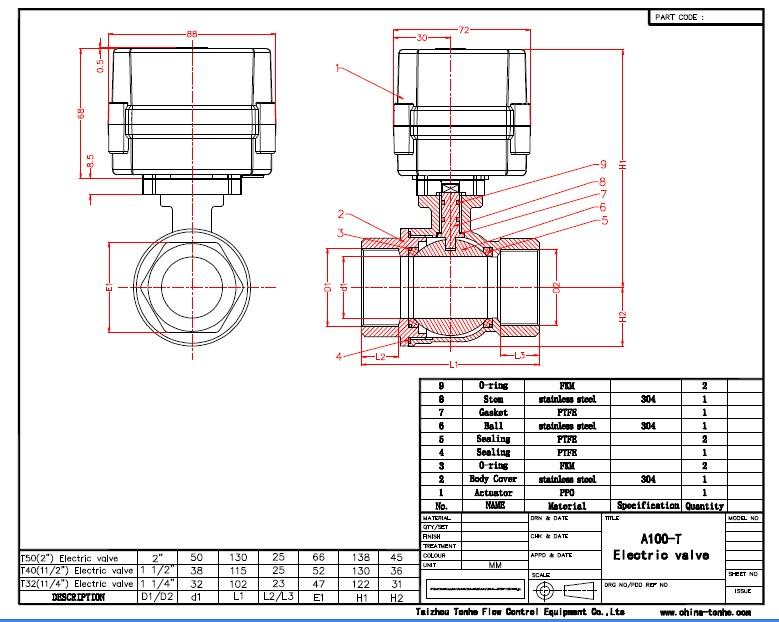 1-1/4 Inches Electric Shut off Ball Valve with 230V Voltage