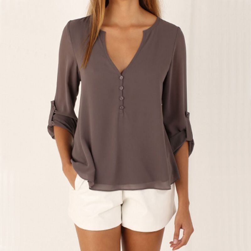 Women's Sexy Fashion Loose Chiffon Tops Long Sleeve V Neck Casual Blouse