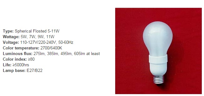 Spherical 5-11W Flosted Type, Energy Saving Lamp for Standard Socket Types