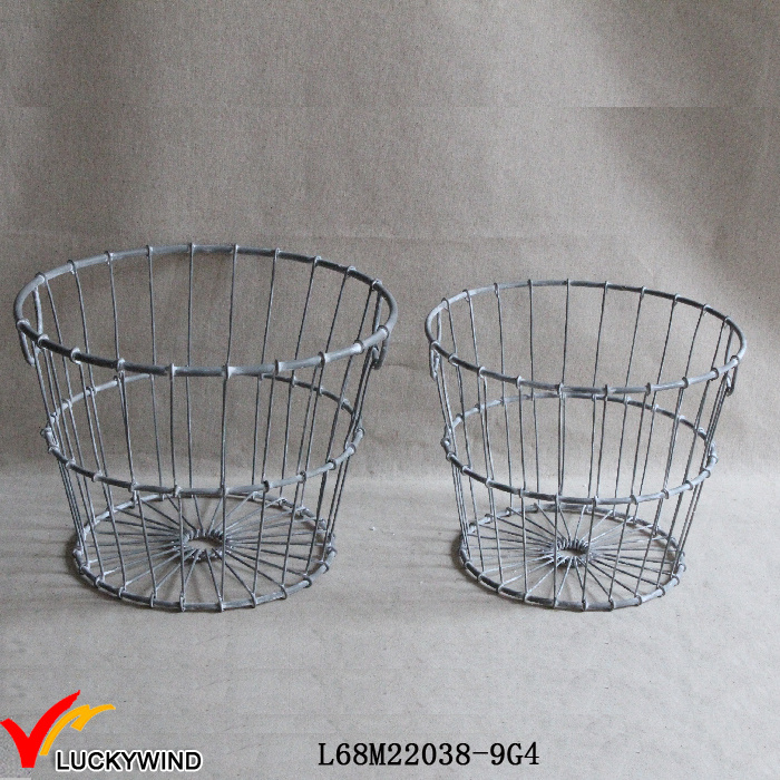 Set 2 Wired Rustic Gray Round Metal Basket