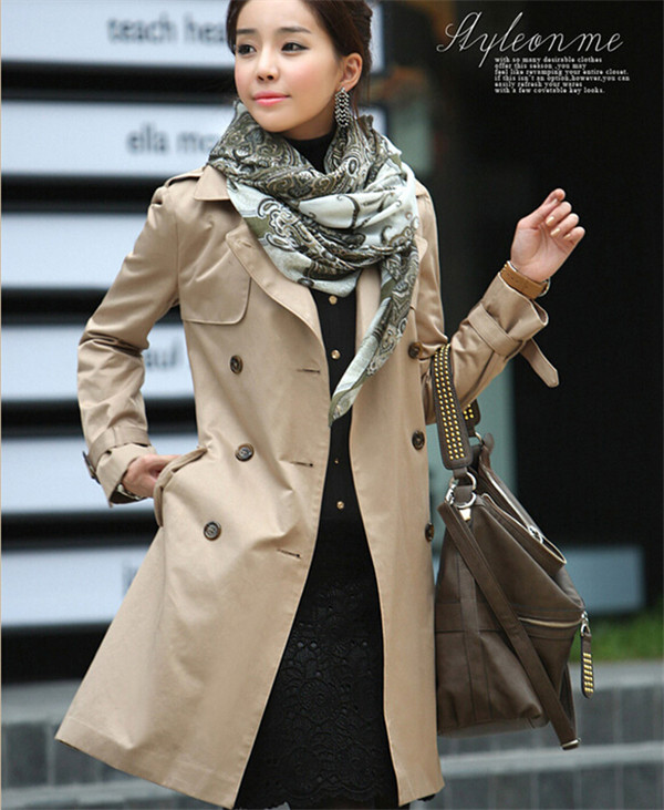 Korean Style Women Slimming Long Double Breasted Lapel Overcoat Trench Coat