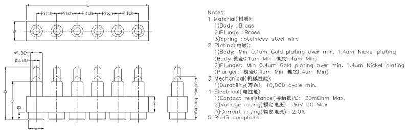 Au Gold Plated Pogo Pin Connector with Spring Loaded, Saving Space, High Current and Reliability