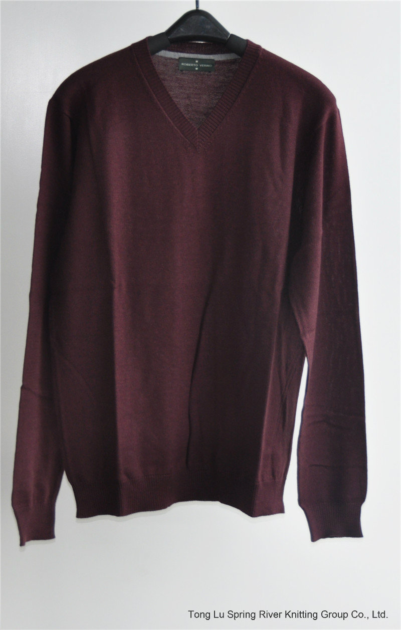 100% Wool Pure Colour V-Neck Kint Pullover Sweater for Man