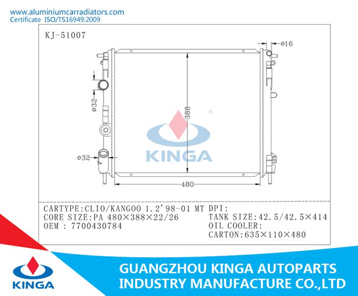 OEM 7700430784 Hot Sale Factory Price Radiator for Clio/Kangoo 1.2 1998-2001 Mt