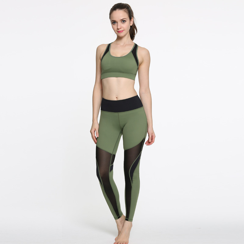 Green Dyed Yoga Leggings Sports Pants with Black Mesh Low MOQ