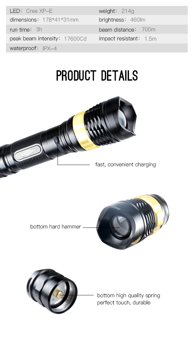 Aluminum Alloy Durable Waterproof Rechargeable LED Flashlight (NK-2668)