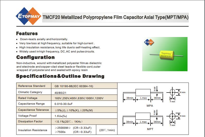 Metallized Polypropylene Film Capacitor Axial Type (TMCF20) 10UF/1600V
