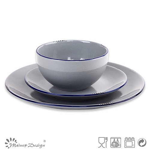 18PCS Dinner Set Solid Grey with Glaze Peel and Blue Rim