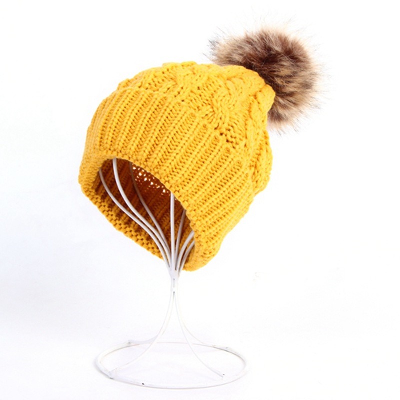 Womens Mens Fake Fur Ball Cap POM POM Knitted Beanies Thick Hat (HW100)