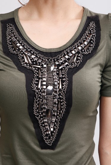 Women's Fashion Beading Round Neck Summer Hotsale T-Shirt