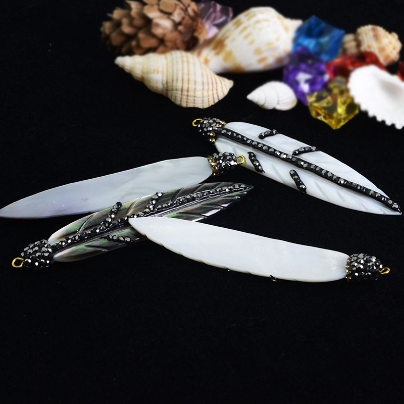 Natural Shell Hollow out Carved Leaves Pendants, Crystal Rhinestone Pendant for Women Necklace