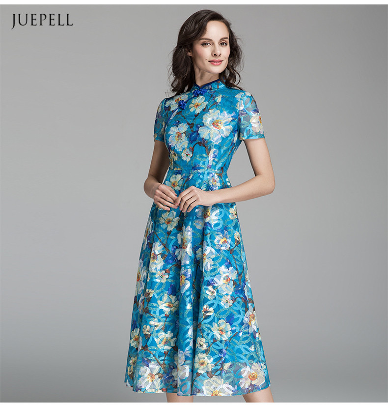 Middle Age Woman Dress Floral Print Elegant