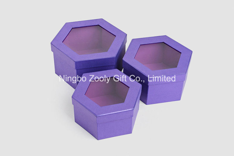 Quality Metallic Purple Color Paper Hexagonal Shaped Cosmetic Gift Packing Box with Window