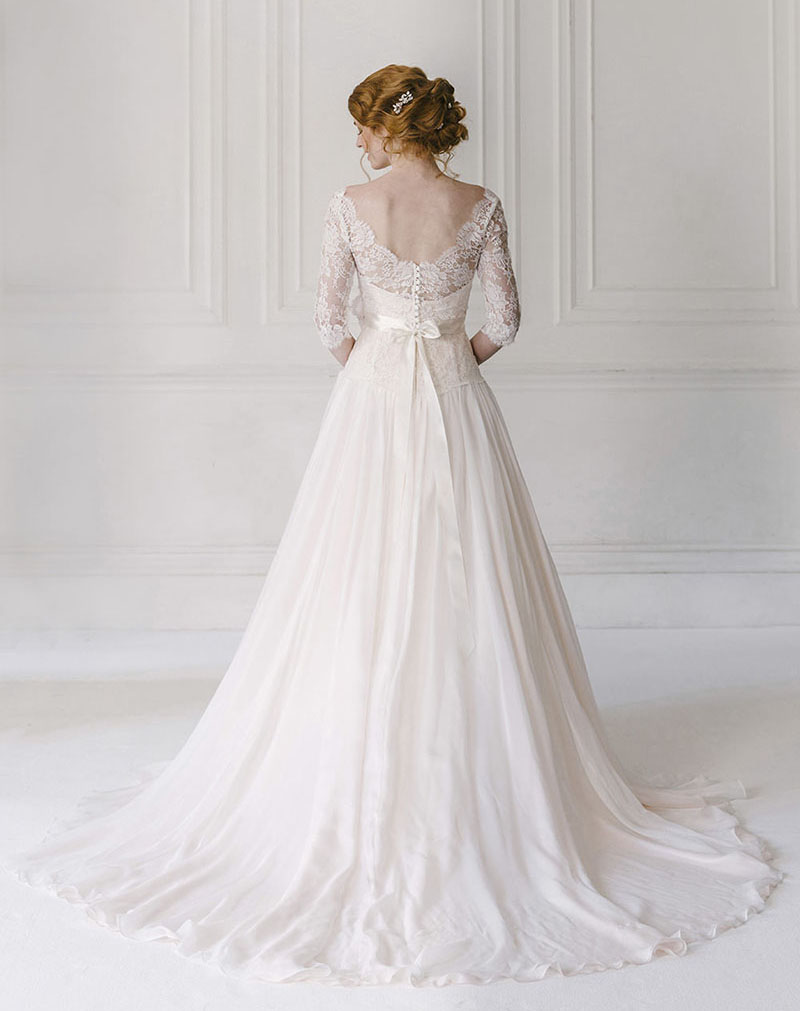 V Neck Lace Half Sleeve Wedding Dress