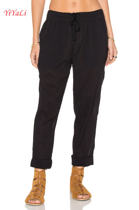 Black Cotton Drawstring Waist Beach Pants