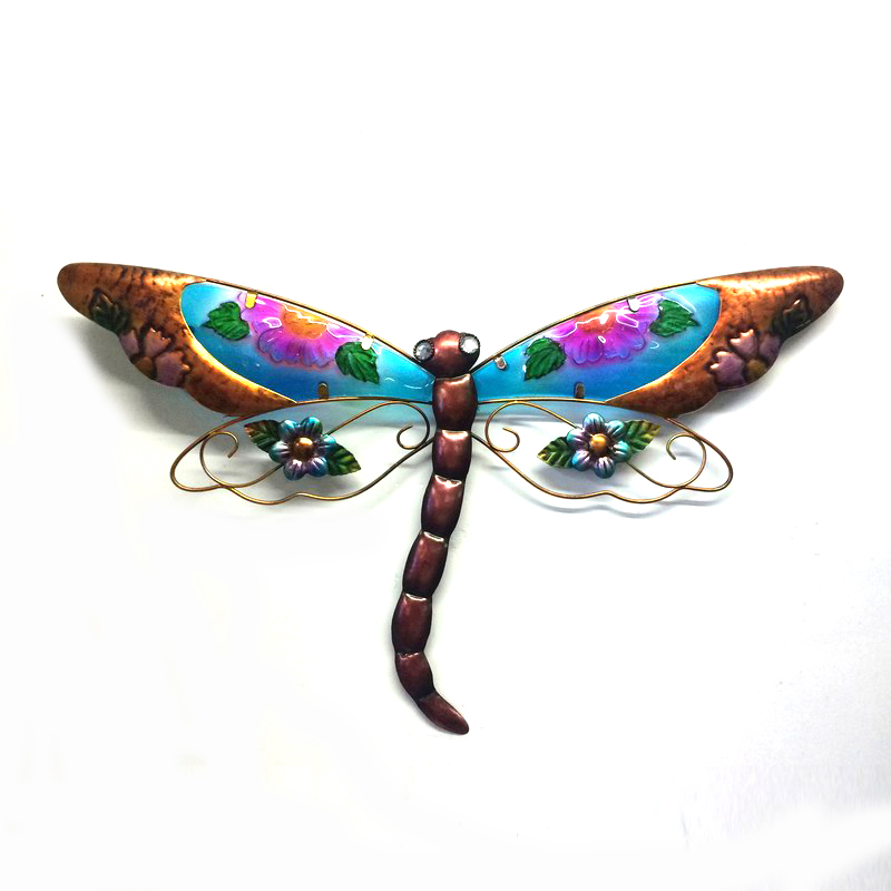 Colorful Stained Glass Flower Decorated Dragonfly Metal Wall Decoration