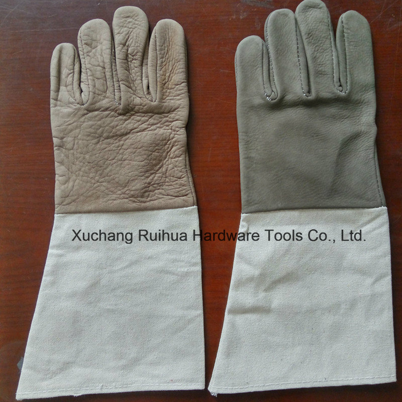 Kevlar Stitching Leather Working Gloves with Canvas Cuff, Unlined MIG TIG Welding Gloves, Good Quality Cow Grain Leather Welder Gloves Factory