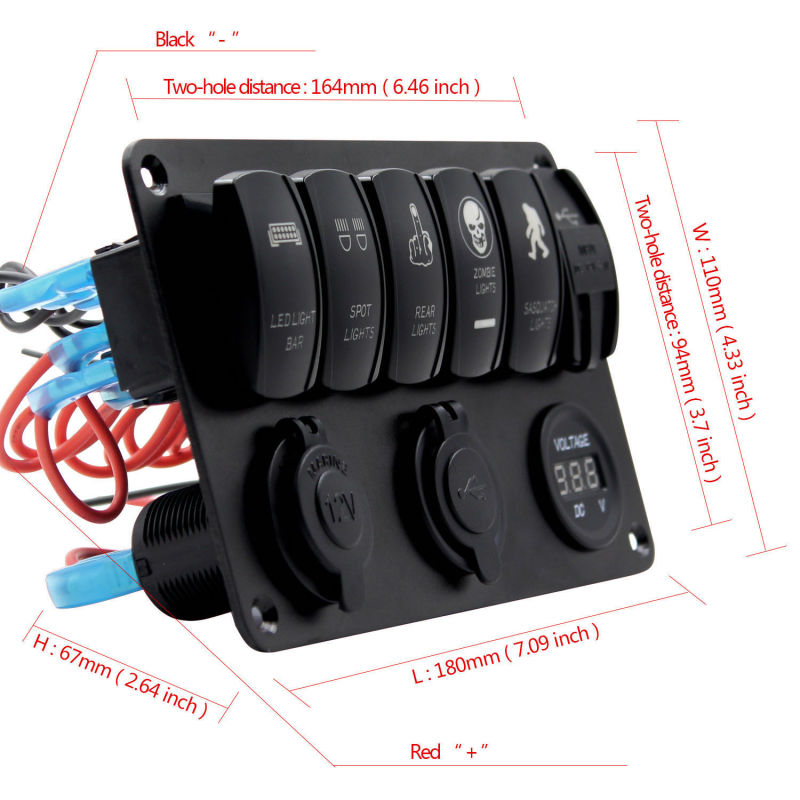 6 Gang 12V 24V Blue LED Rocker Switch Panel USB Charger Voltmeter Circuit Breakers Charger for Boat Marine