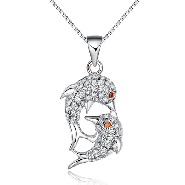 Sterling Silver Double Dolphin Mother and Baby CZ Crystal Pendant