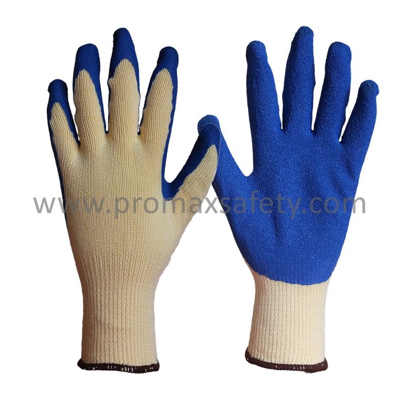 10 Gauge Yellow Tc Knitted Gloves with Blue Crinkle Latex Palm Coated