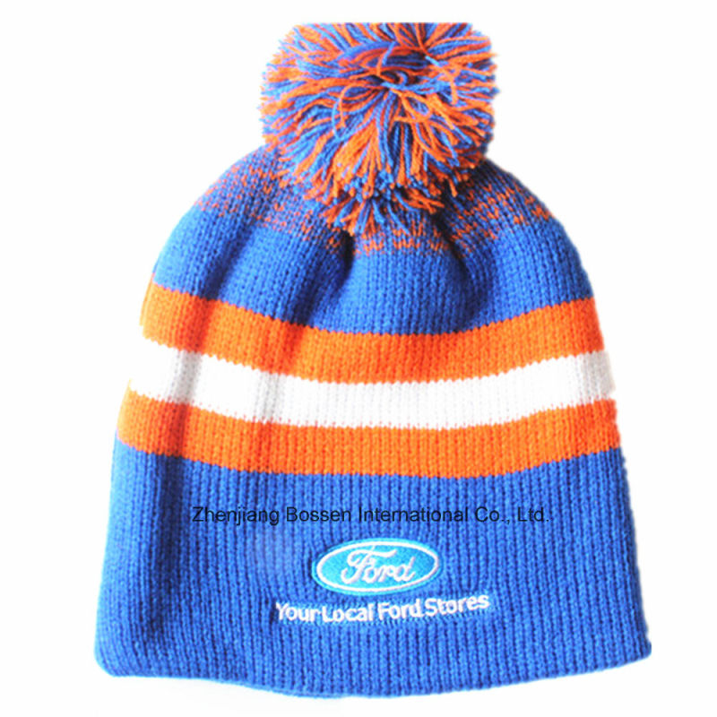 Customized Produce Cheap Sports Skate Winter Warm Customized Logo Embroidered Striped Jacquard Wool Beanie Cap