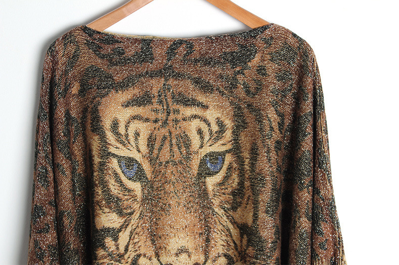 Womens Sweater Cardigan Wraps Lurex Tiger Printing Winter Knitted Shawls Poncho (SP611)