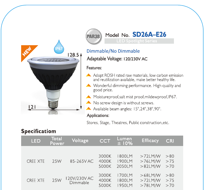 IP67 Waterproof LED PAR38 for Outdoor Lighting