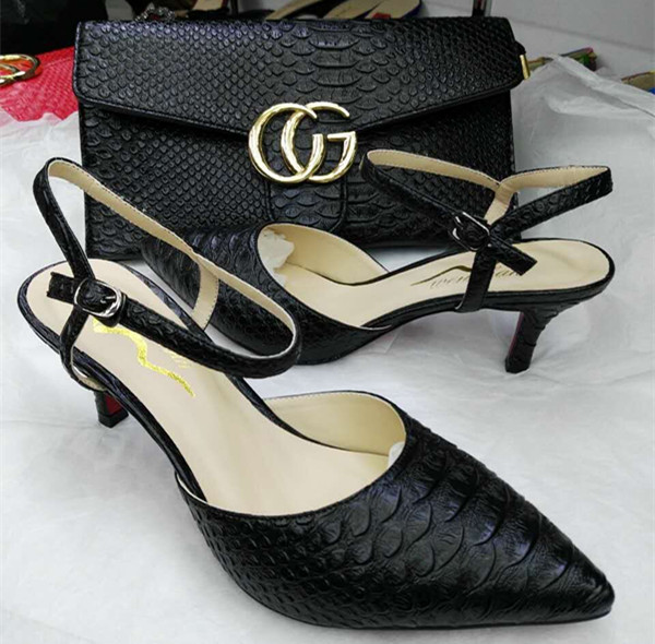 Elegant Dark Color Snake Pattern Women Shoes with Matching Purse (G-3)