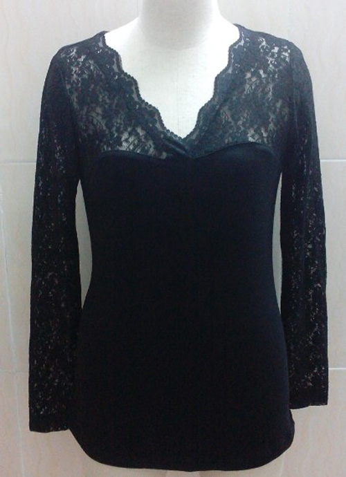 Black Lace Sleeve V Neck Sexy Lady Fashion Shirt Top