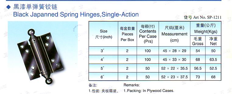 Black Japanned Spring Hinges, Single-Action