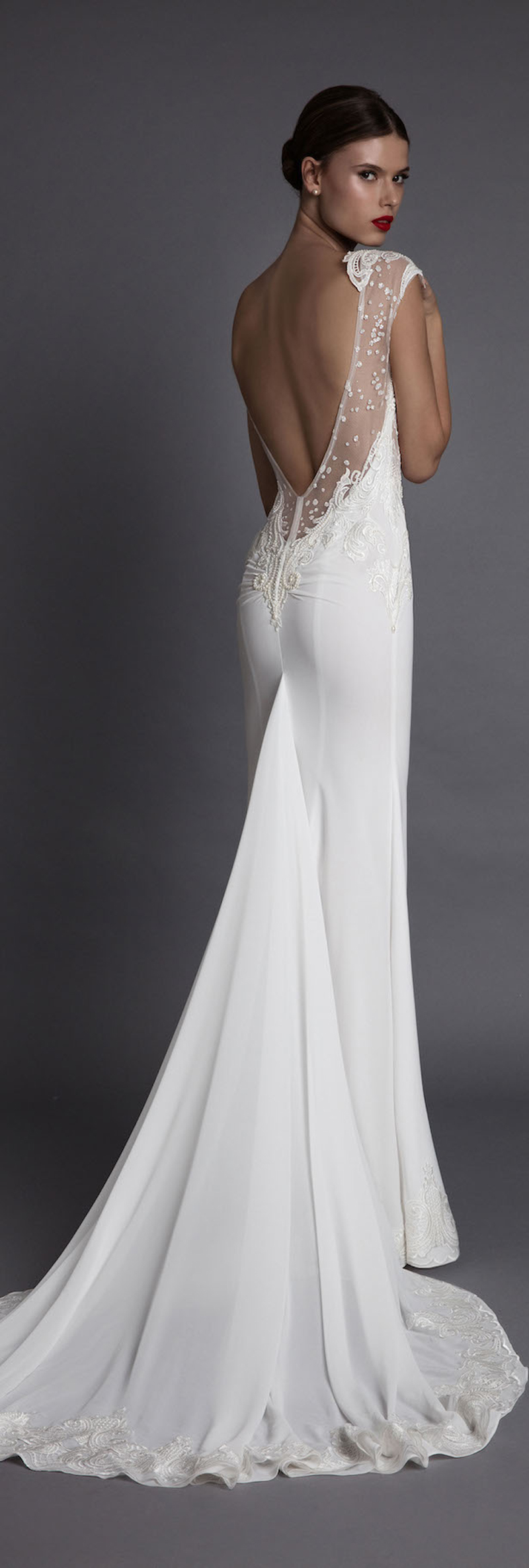 Open Back Deep V Neck Sheath Wedding Dress with Sweep Train