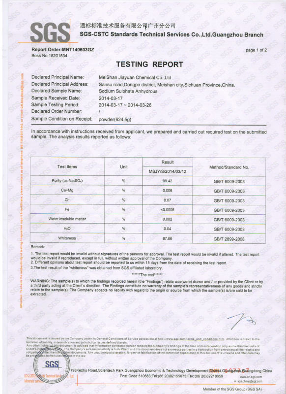 Detergent Grade Sodium Sulphate Anhydrous 99% Min / Ssa / Na2so4