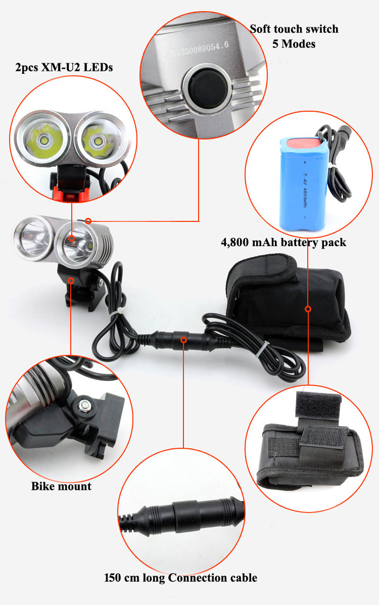 Rechargeable CREE Xm-U2 LED Bike Lamp with Battery Pack