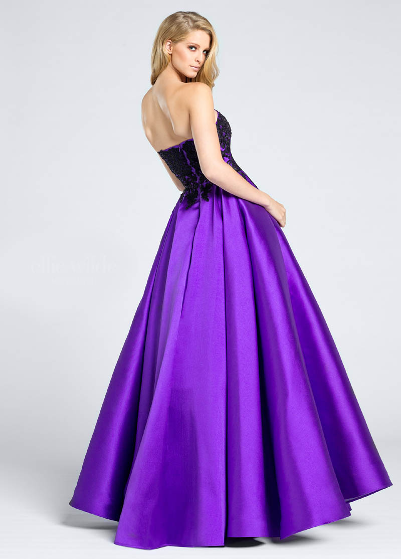 Strapless Mikado Full A-Line Gown Adorned with Asymmetrical Embroidered Applique Evening Dress with Side Pockets