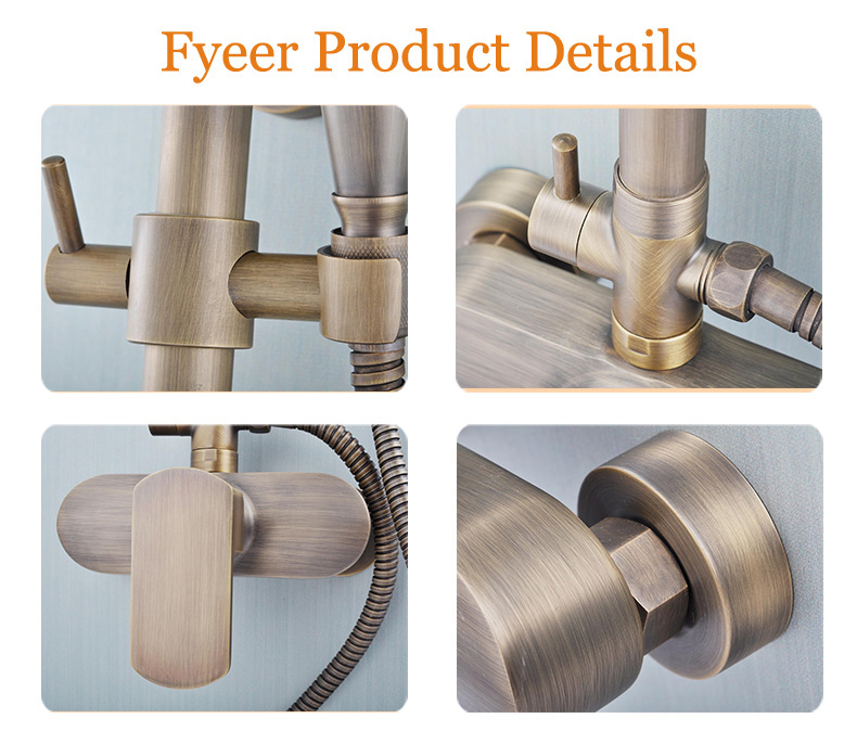 Fyeer Exposed Bathroom Antique Brass Rainfall Shower Set