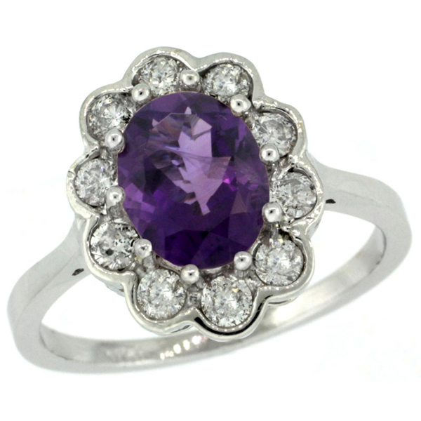 925 Silver Amethyst Engagement Ring Diamond Accents Oval 9X7mm