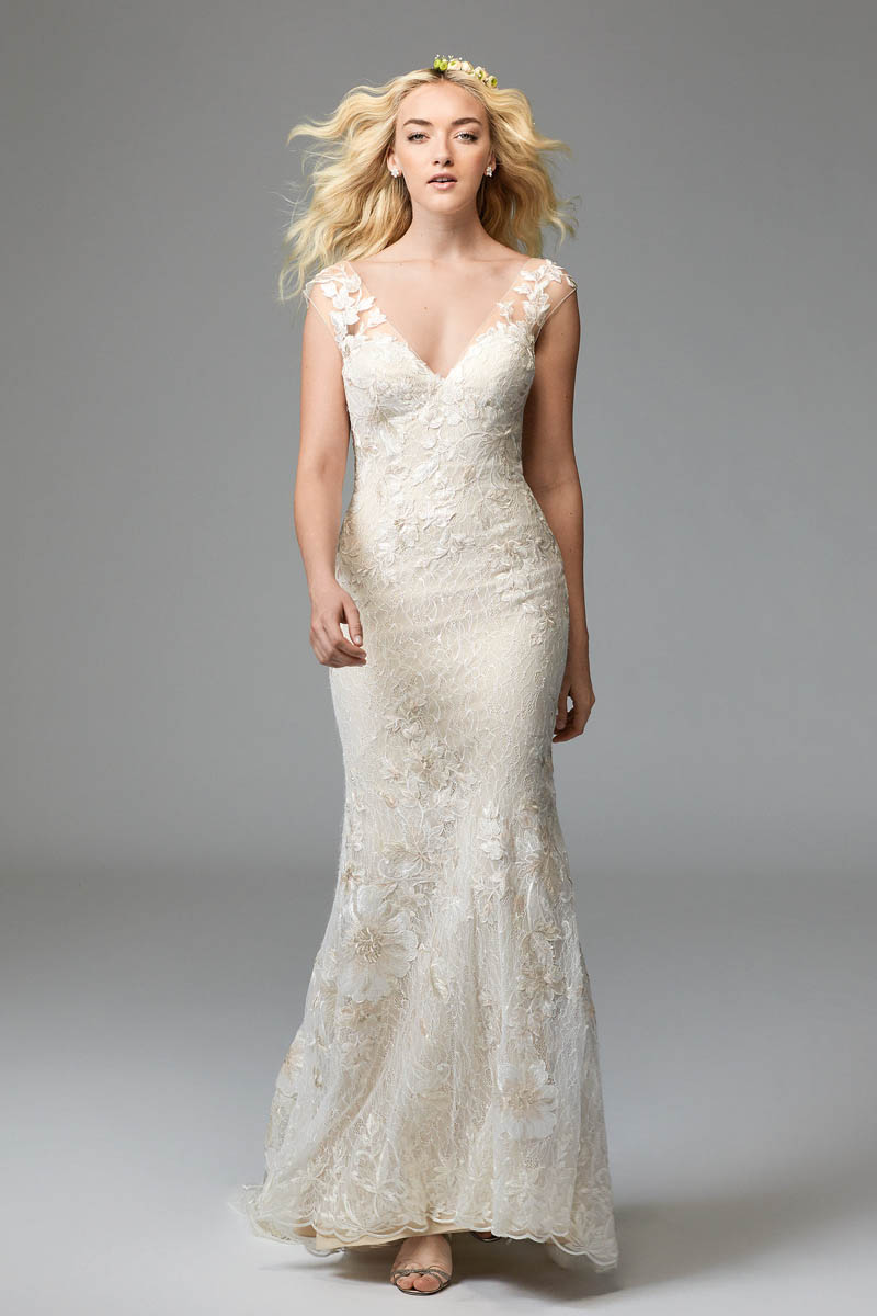 Fit-and-Flare V-Neckline Wedding Dress with Plays Backdrop to Dramatic Wildfell Floral Motifs