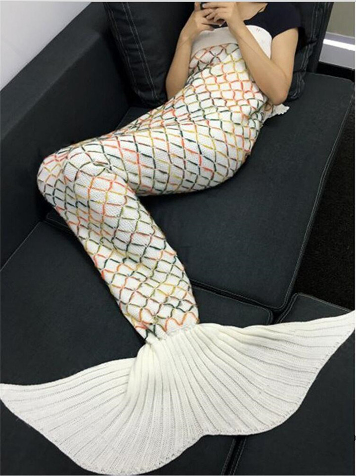 Fashion Yarn Knitted Colorful Rhombus Design Warmth Mermaid Tail Blanket