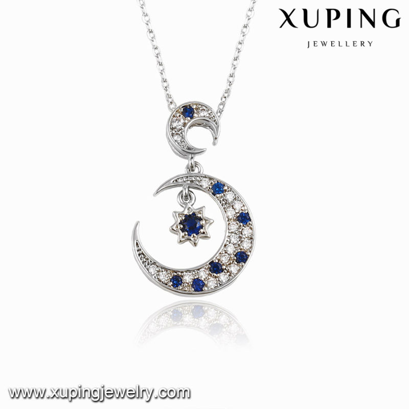 00117 Fashion Rhodium CZ Moon Star Design Jewelry Pendant Necklace